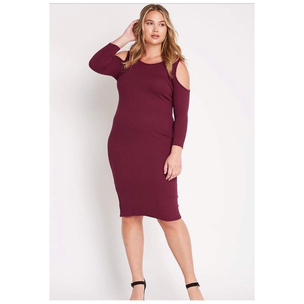 Burgundy Cold Shoulder Ribbed Knit Midi Dress